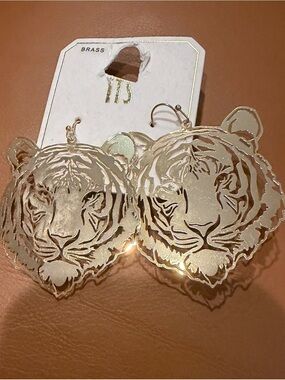 Laser cut Tiger Face Dangle Earrings - Gold tone